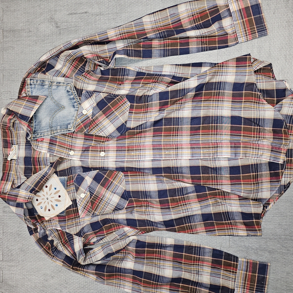 Women's Plaid Button Down Shirt - Navy and Red
